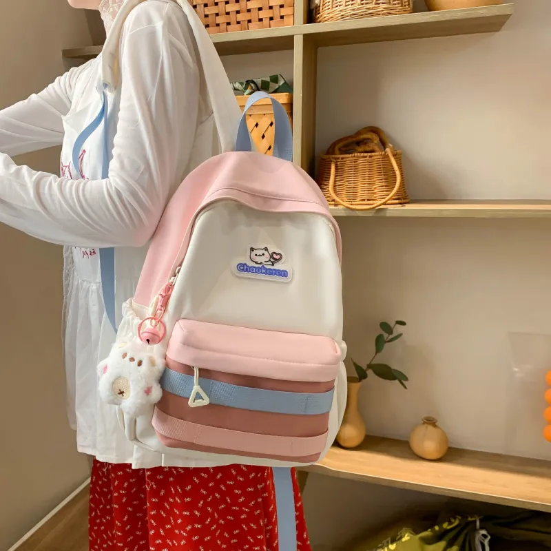 AIBAG Composite Cloth Backpack Unisex Ecru/Pink/Light Green-11