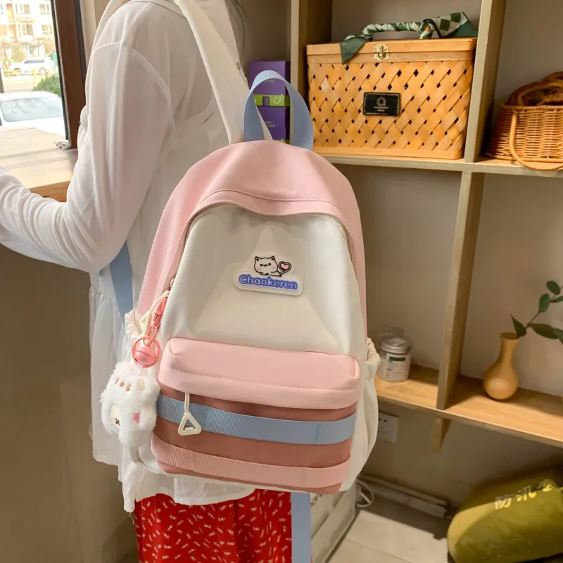 AIBAG Composite Cloth Backpack Unisex Ecru/Pink/Light Green-12