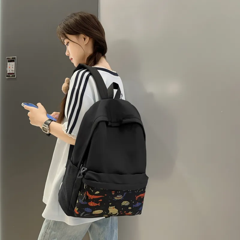 AIBAG Nylon Backpack Unisex Black/White/Gray-8