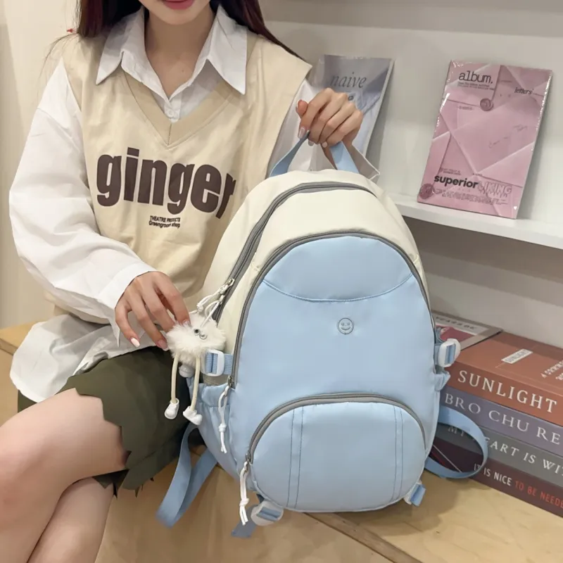 AIBAG Nylon Backpack Unisex Black/Pink/Light Blue-15