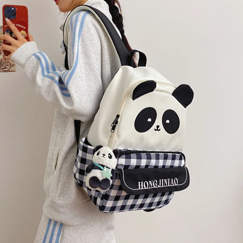 URBAN FOREST Nylon Backpack Unisex Panda Plaid/Black Panda-4
