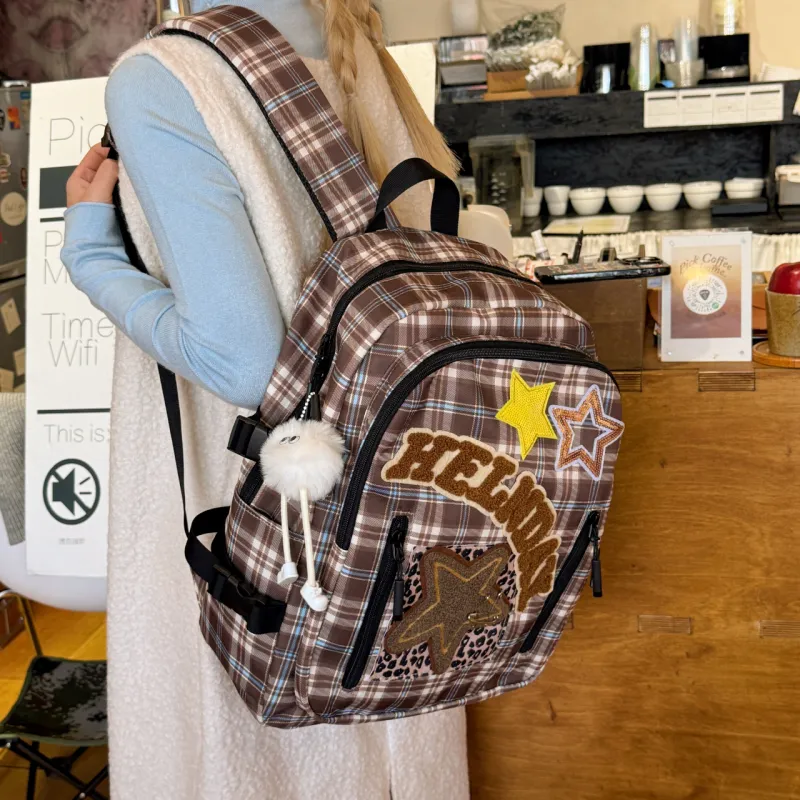 URBAN FOREST Nylon Fabric Backpack Regular Unisex Brown Plaid/Red Plaid/Leopard Print-4