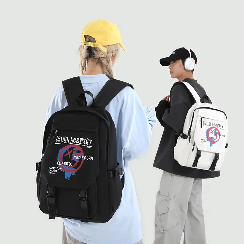 URBAN FOREST Nylon Backpack Unisex White Letter/White Smiley Face/Black Letter/Black Smiley Face-5