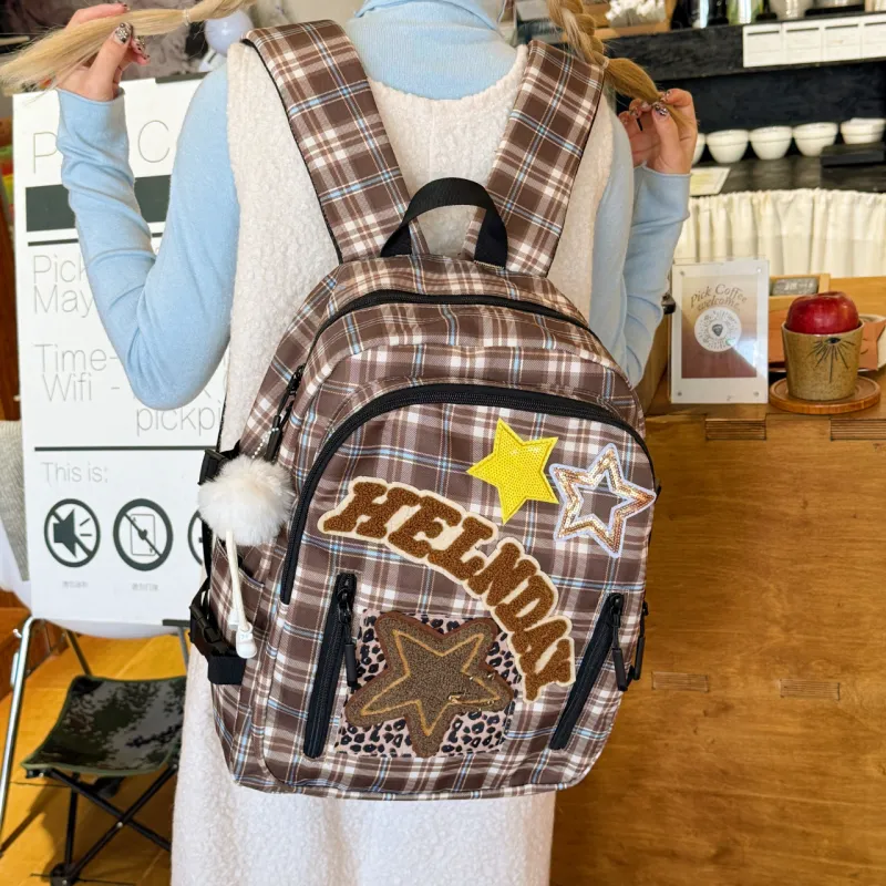 URBAN FOREST Nylon Fabric Backpack Regular Unisex Brown Plaid/Red Plaid/Leopard Print-5