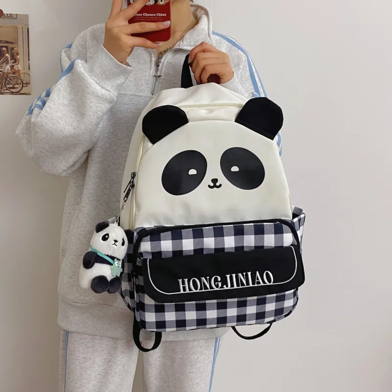 URBAN FOREST Nylon Backpack Unisex Panda Plaid/Black Panda-3