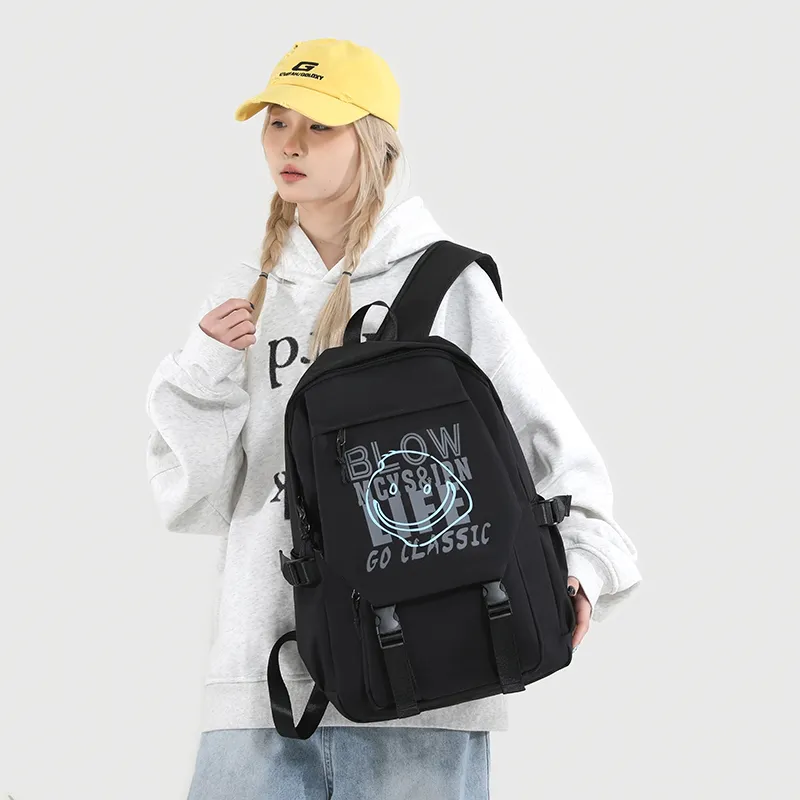 URBAN FOREST Nylon Backpack Unisex White Letter/White Smiley Face/Black Letter/Black Smiley Face-13