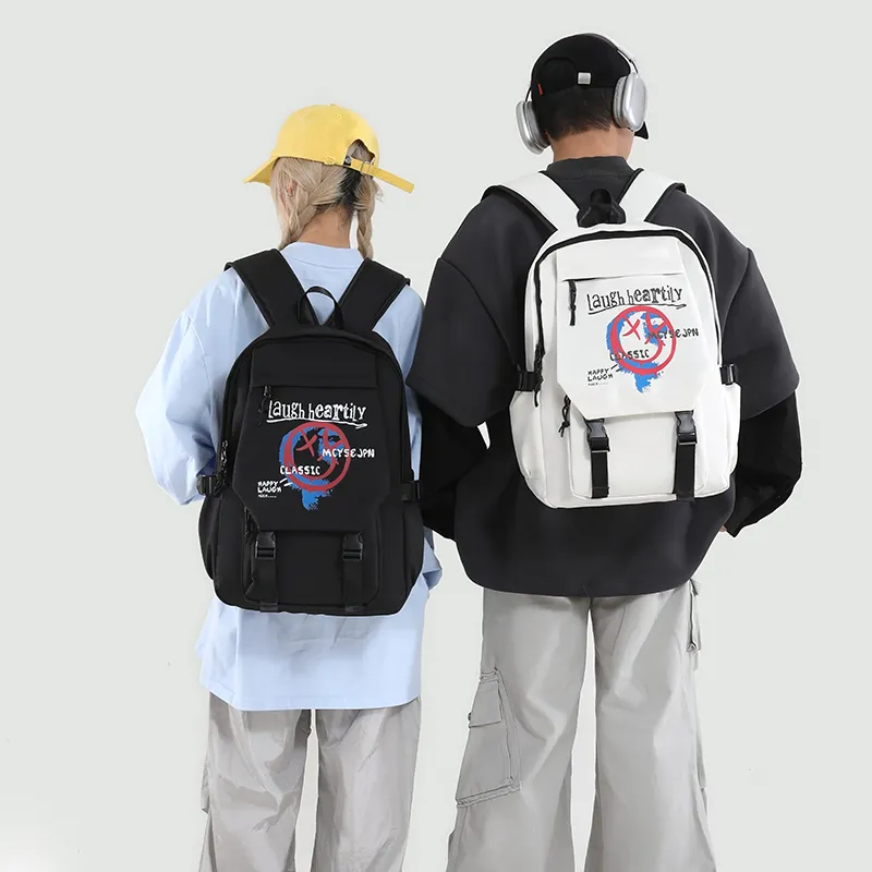 URBAN FOREST Nylon Backpack Unisex White Letter/White Smiley Face/Black Letter/Black Smiley Face-15