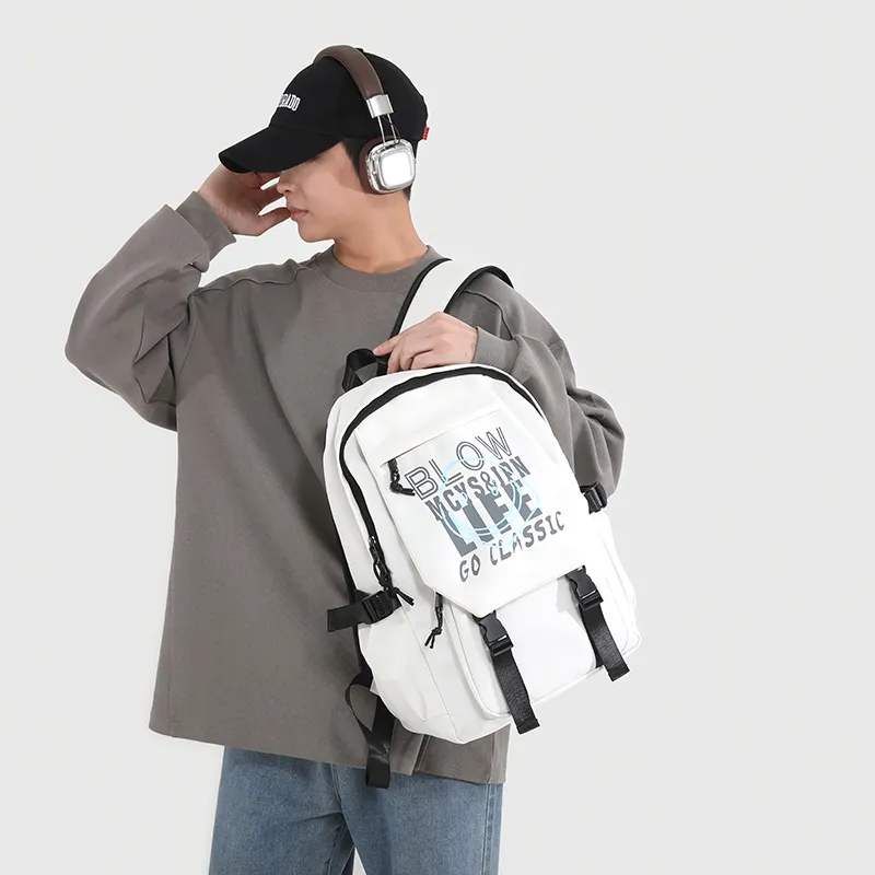 URBAN FOREST Nylon Backpack Unisex White Letter/White Smiley Face/Black Letter/Black Smiley Face-3