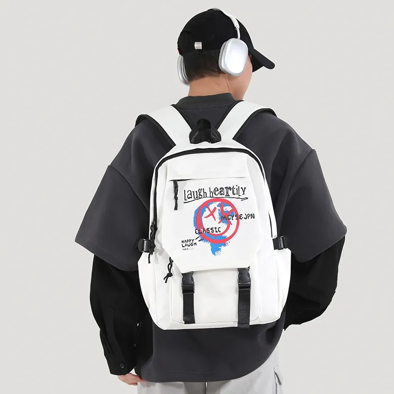URBAN FOREST Nylon Backpack Unisex White Letter/White Smiley Face/Black Letter/Black Smiley Face-9