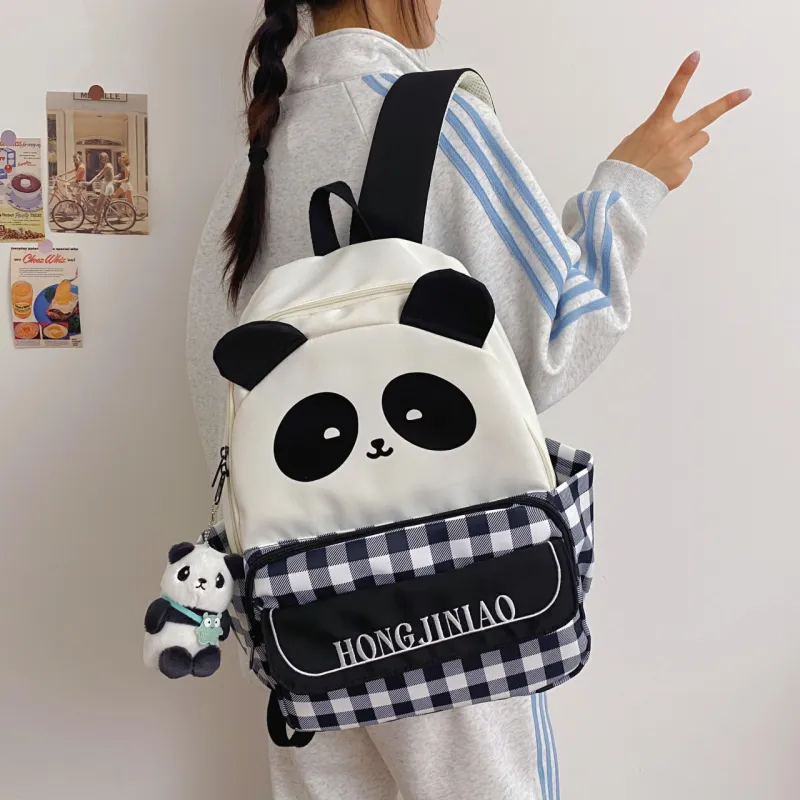 URBAN FOREST Nylon Backpack Unisex Panda Plaid/Black Panda-2