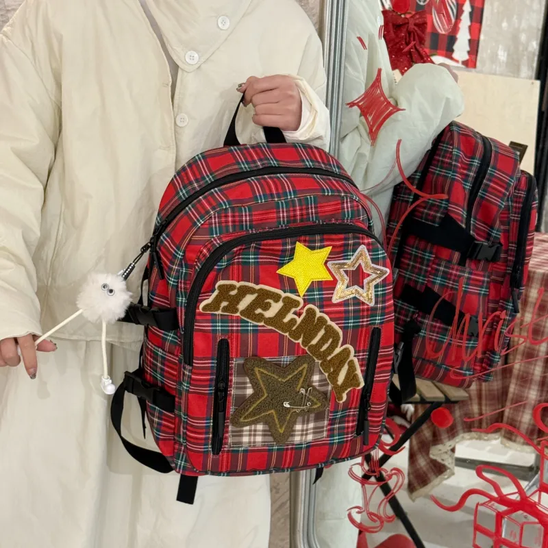 URBAN FOREST Nylon Fabric Backpack Regular Unisex Brown Plaid/Red Plaid/Leopard Print-11