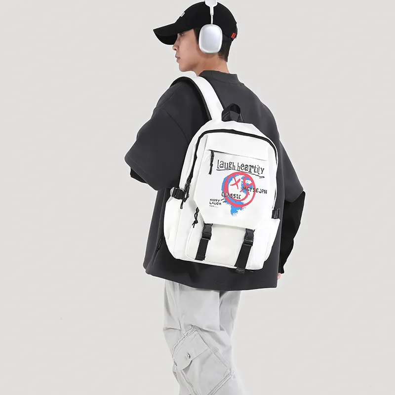 URBAN FOREST Nylon Backpack Unisex White Letter/White Smiley Face/Black Letter/Black Smiley Face-8
