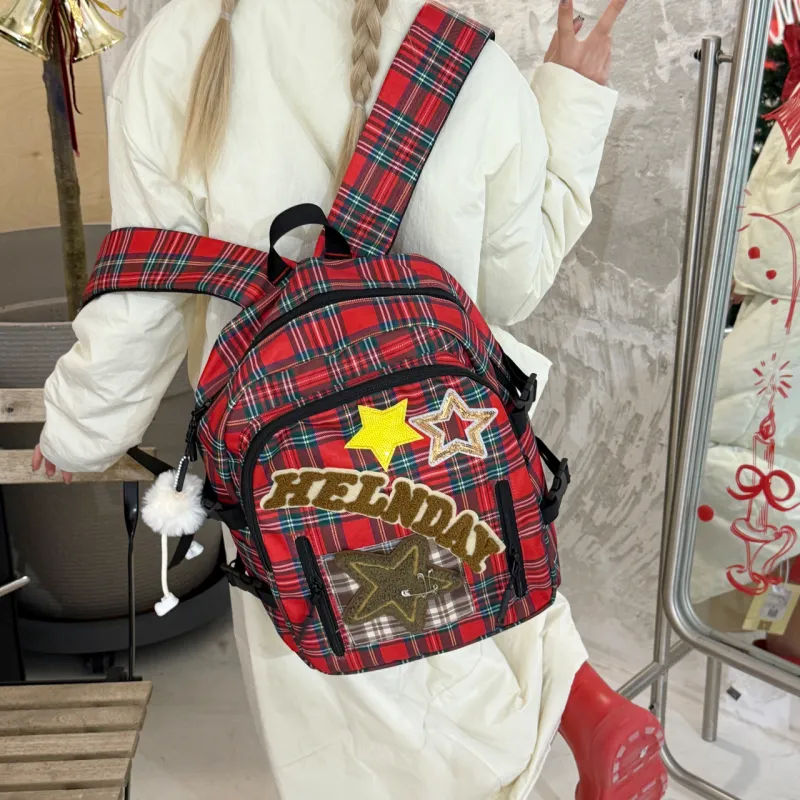 URBAN FOREST Nylon Fabric Backpack Regular Unisex Brown Plaid/Red Plaid/Leopard Print-8