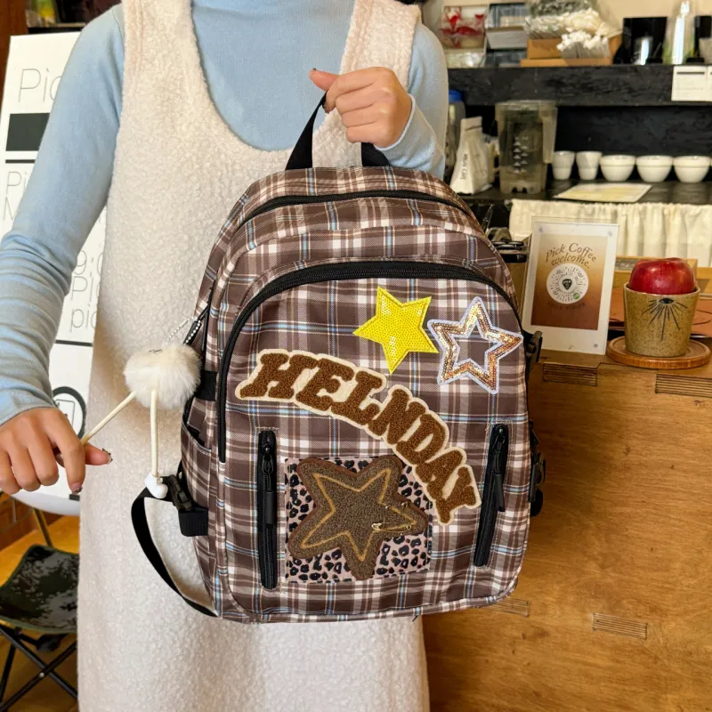 URBAN FOREST Nylon Fabric Backpack Regular Unisex Brown Plaid/Red Plaid/Leopard Print-1