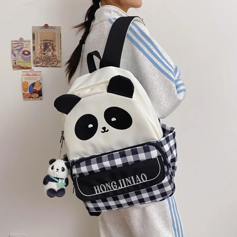 URBAN FOREST Nylon Backpack Unisex Panda Plaid/Black Panda-1