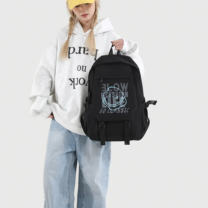URBAN FOREST Nylon Backpack Unisex White Letter/White Smiley Face/Black Letter/Black Smiley Face-12