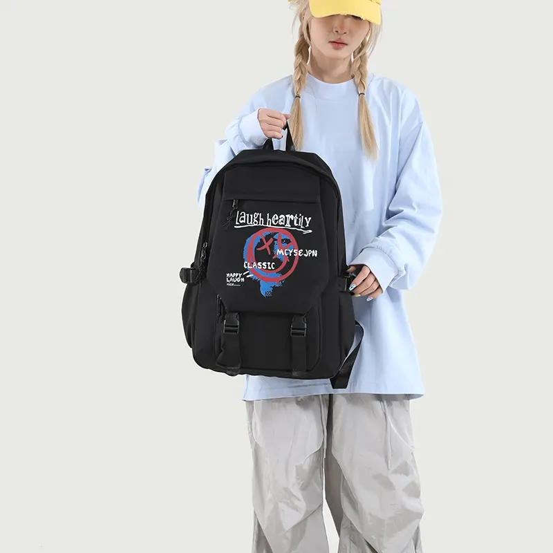 URBAN FOREST Nylon Backpack Unisex White Letter/White Smiley Face/Black Letter/Black Smiley Face-18