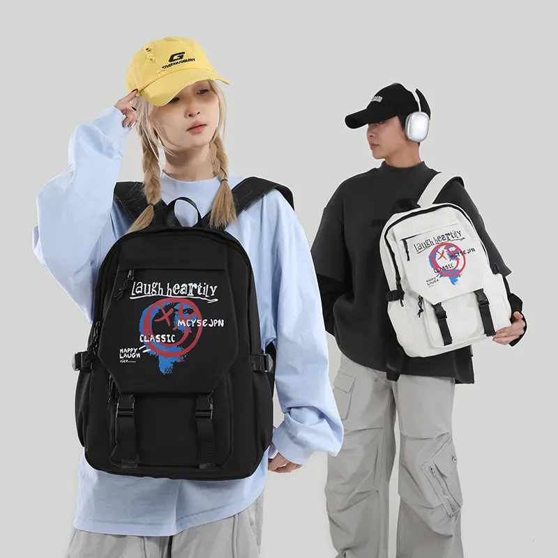 URBAN FOREST Nylon Backpack Unisex White Letter/White Smiley Face/Black Letter/Black Smiley Face-6
