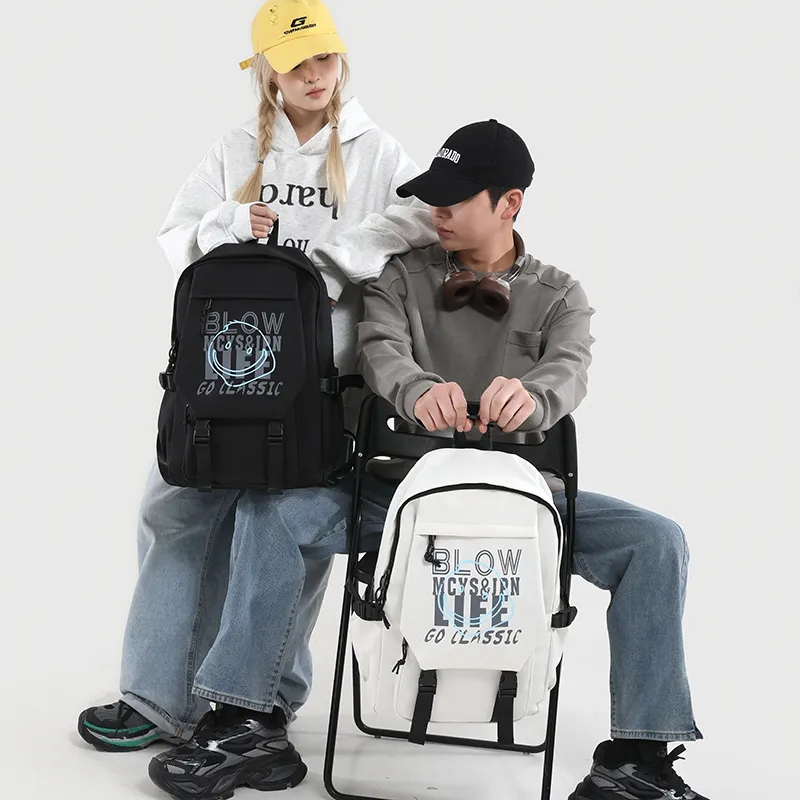 URBAN FOREST Nylon Backpack Unisex White Letter/White Smiley Face/Black Letter/Black Smiley Face-1
