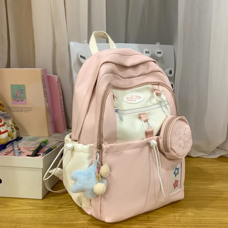 URBAN FOREST Nylon Backpack Unisex Black/Pink/Light Yellow/Light Blue-5