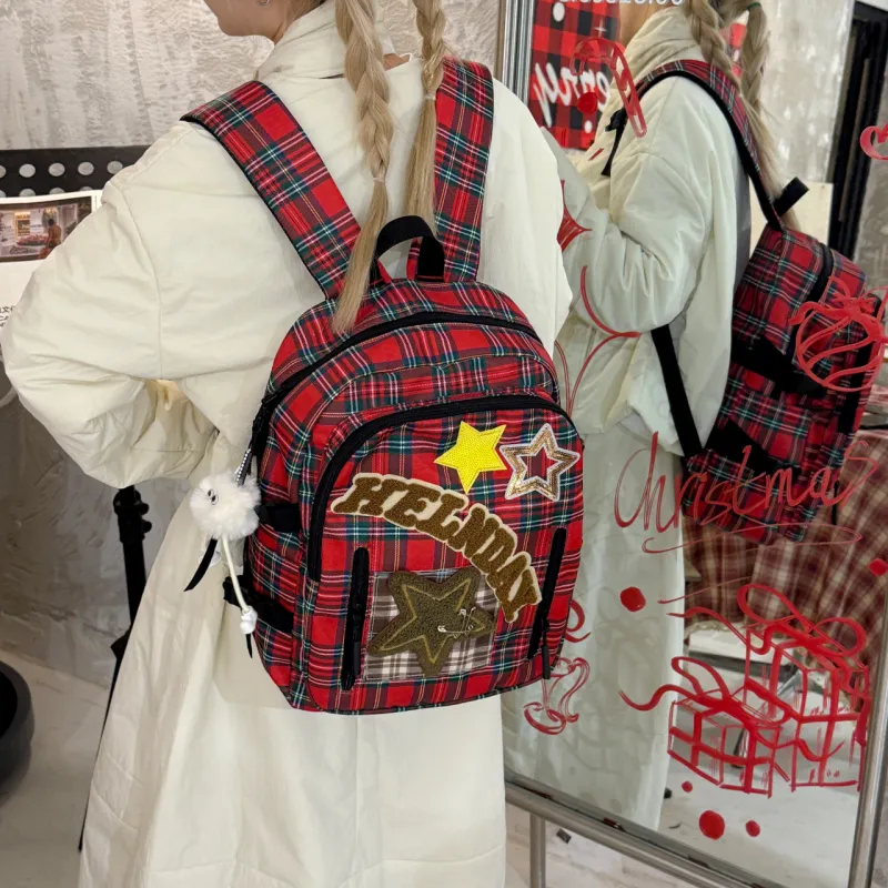 URBAN FOREST Nylon Fabric Backpack Regular Unisex Brown Plaid/Red Plaid/Leopard Print-7