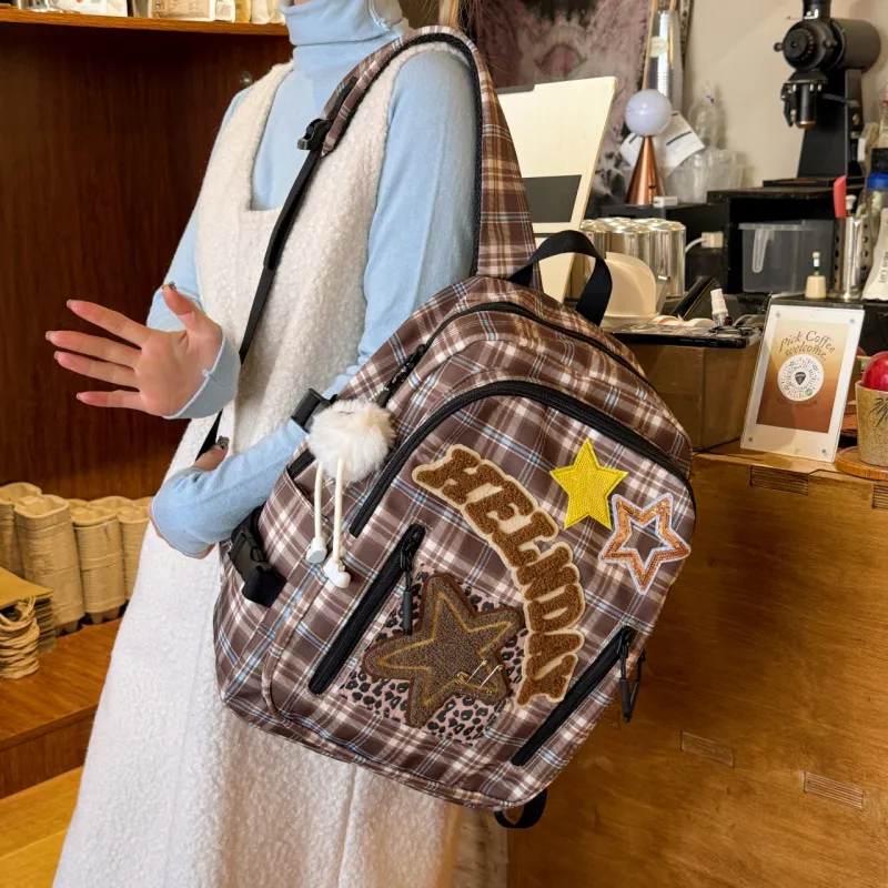 URBAN FOREST Nylon Fabric Backpack Regular Unisex Brown Plaid/Red Plaid/Leopard Print-2
