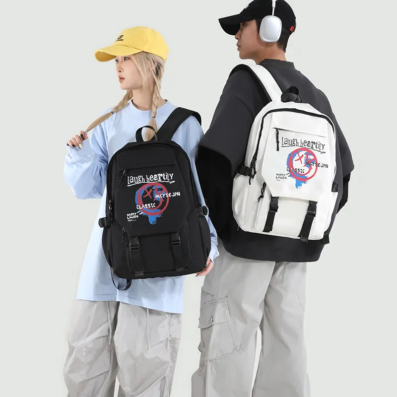 URBAN FOREST Nylon Backpack Unisex White Letter/White Smiley Face/Black Letter/Black Smiley Face-16