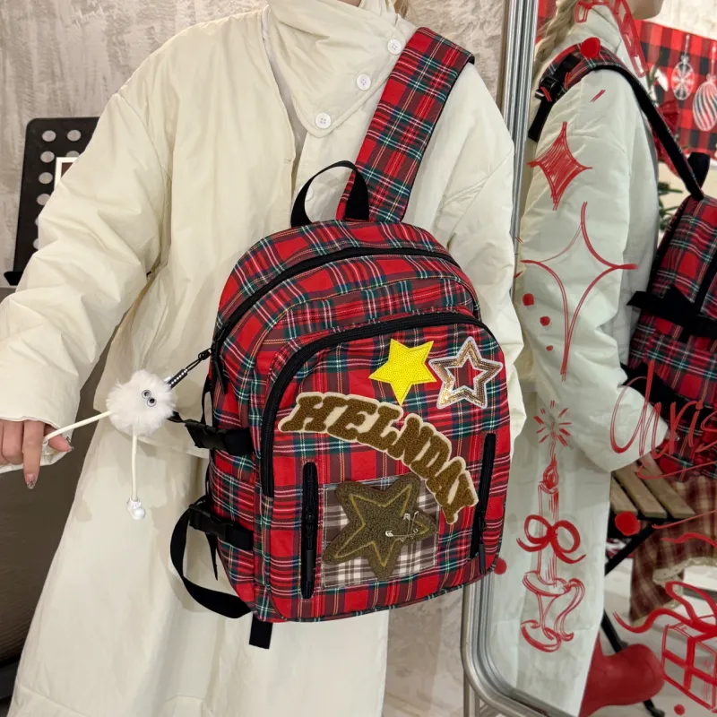 URBAN FOREST Nylon Fabric Backpack Regular Unisex Brown Plaid/Red Plaid/Leopard Print-10
