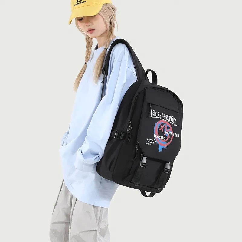 URBAN FOREST Nylon Backpack Unisex White Letter/White Smiley Face/Black Letter/Black Smiley Face-17