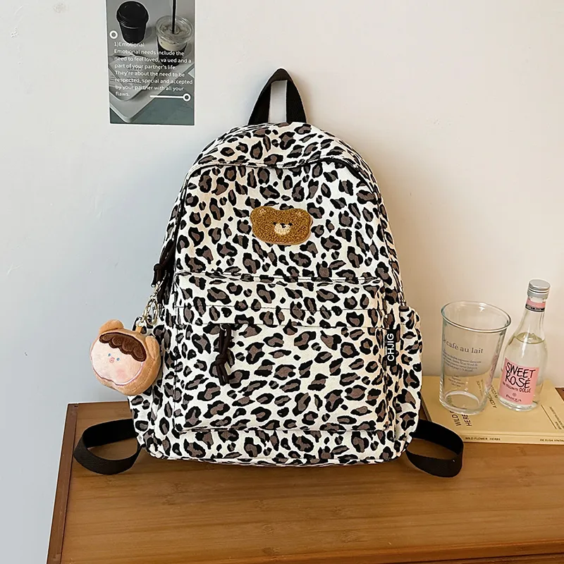 URBAN FOREST Nylon Backpack Unisex Coffee Leopard Print/White Leopard Print-7