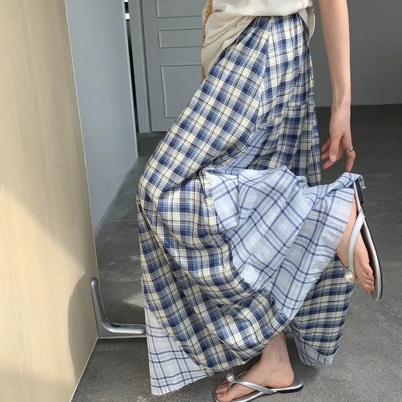 SONDR Casual Long Skirt Women's Blue Plaid-2