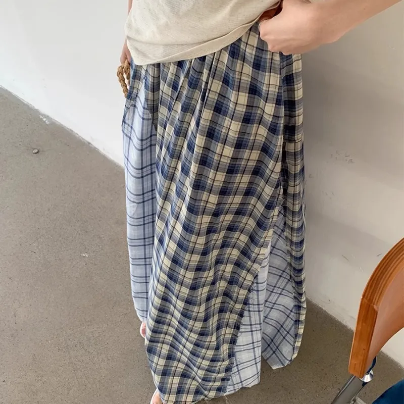 SONDR Casual Long Skirt Women's Blue Plaid-3