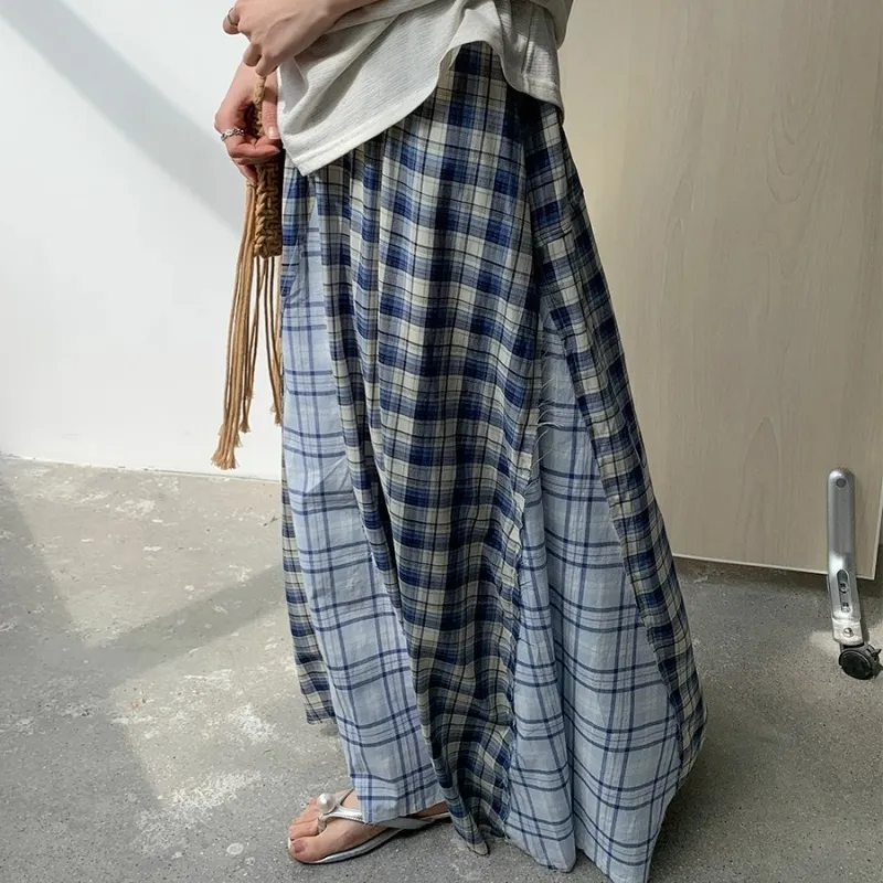 SONDR Casual Long Skirt Women's Blue Plaid-4