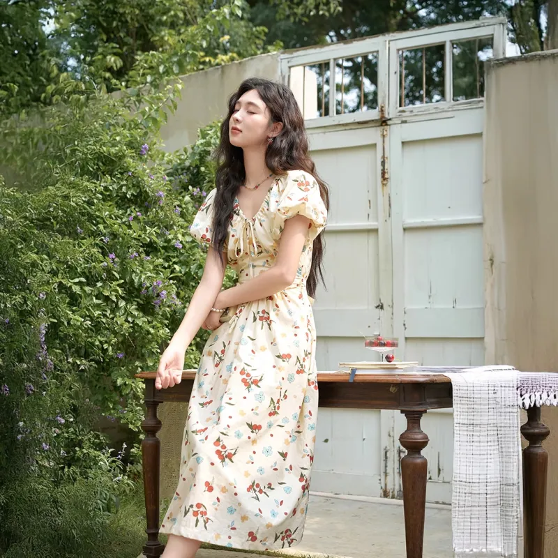 MISHOW Short Sleeved Dress Women's Apricot With Red Floral-2