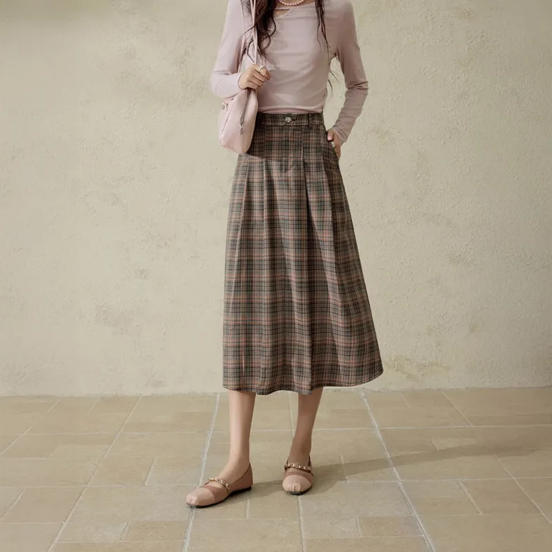 MISHOW Casual Long Skirts Women's Coffee Plaid-3