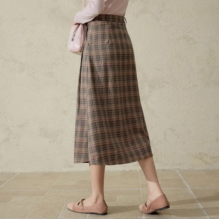 MISHOW Casual Long Skirts Women's Coffee Plaid-2