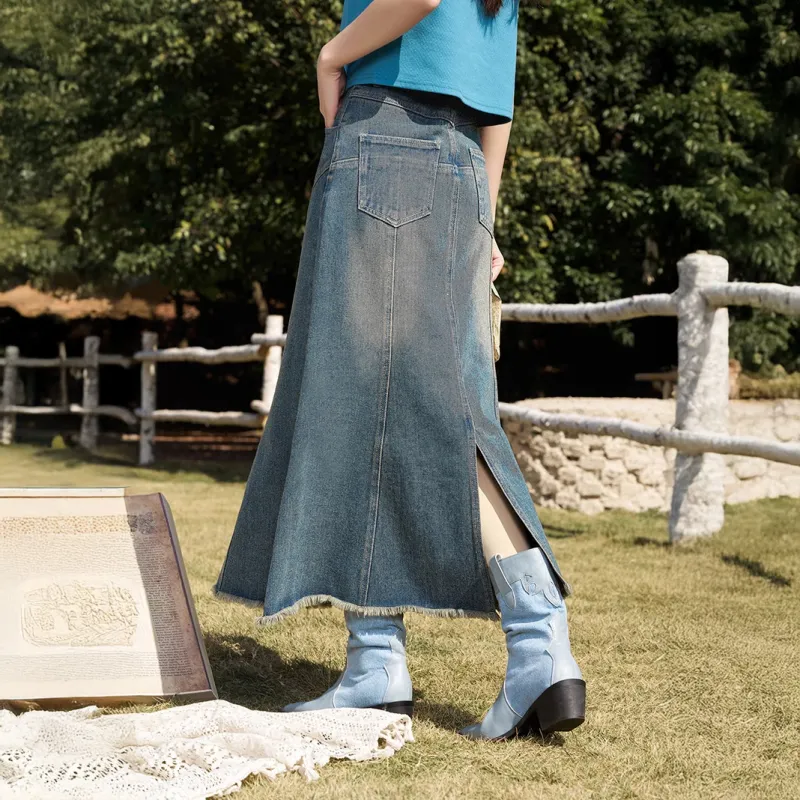 MISHOW Denim Long Skirt Women's Vintage Blue-3