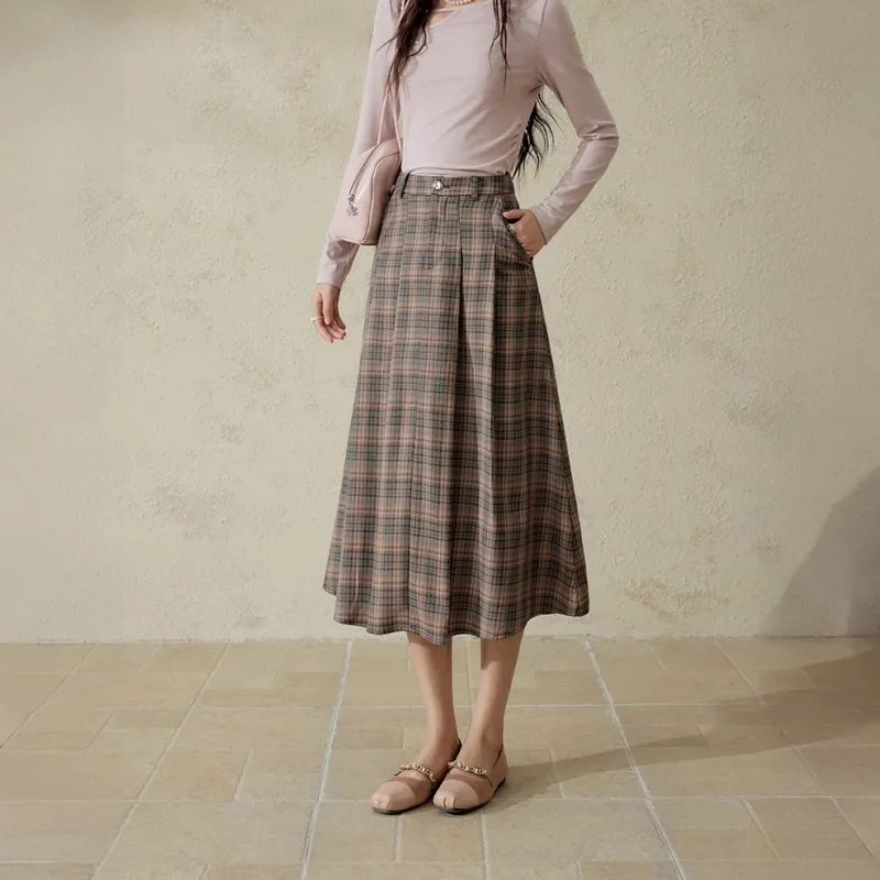 MISHOW Casual Long Skirts Women's Coffee Plaid-1