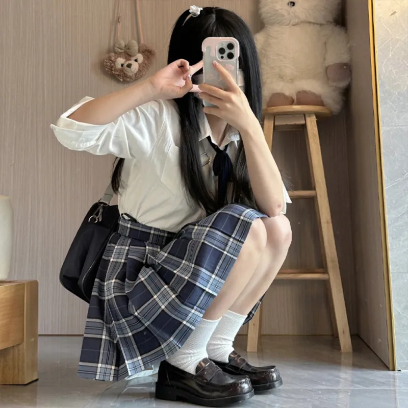 RIMUXINGHE Casual Short Skirts Women's [Kotani Eri 43cm]Plaid Skirt+Bow Tie-4