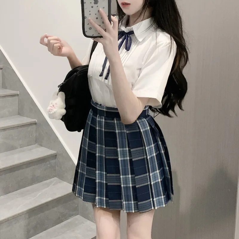RIMUXINGHE Casual Short Skirts Women's [Kotani Eri 43cm]Plaid Skirt+Bow Tie-3