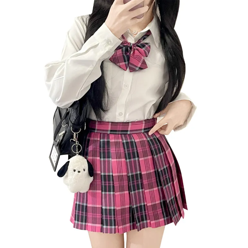 RIMUXINGHE Casual Short Skirts Women's [Little Rose]Plaid Skirt+Bow Tie-3