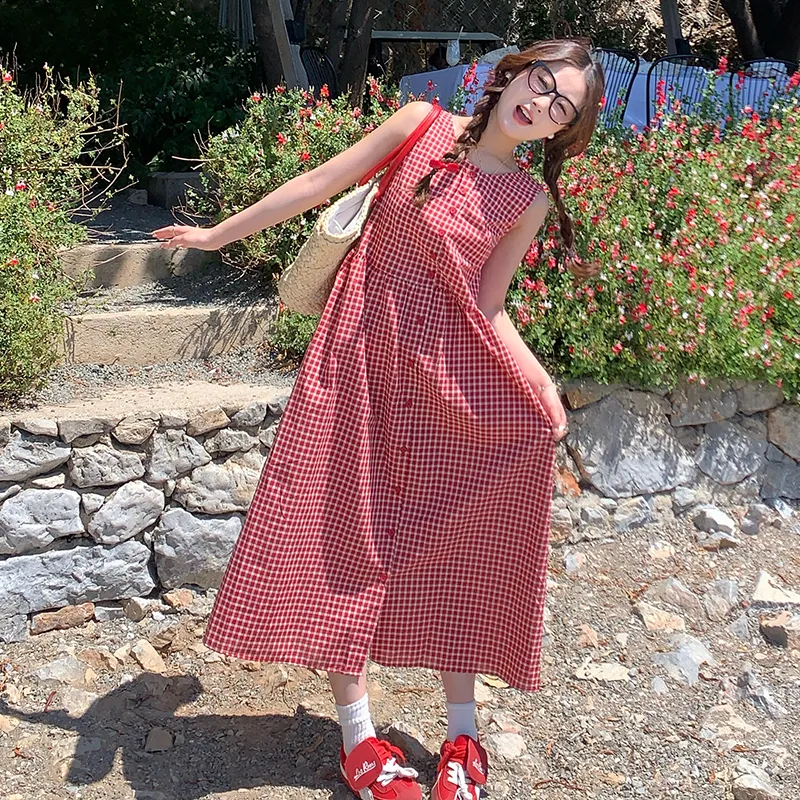 SUSANSAN Slip Dresses Women's Red Plaid-6