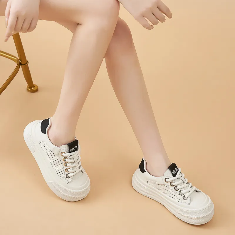 Walker Shop Breathable Height Increasing Low Top Skateboard Shoes Women's Beige Black-4