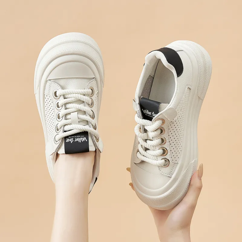Walker Shop Breathable Height Increasing Low Top Skateboard Shoes Women's Beige Black-1
