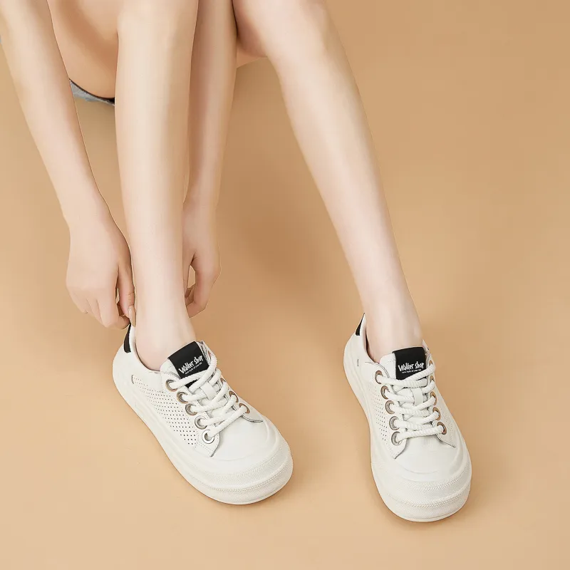 Walker Shop Breathable Height Increasing Low Top Skateboard Shoes Women's Beige Black-5