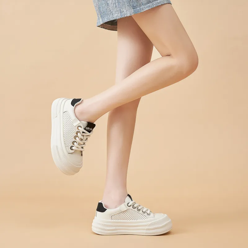 Walker Shop Breathable Height Increasing Low Top Skateboard Shoes Women's Beige Black-3