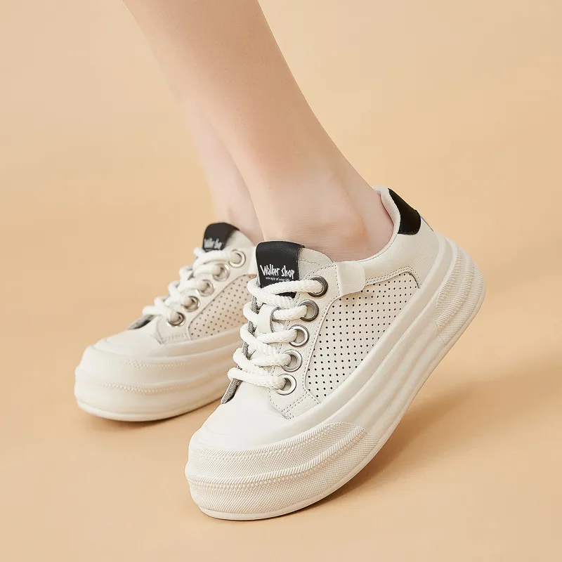 Walker Shop Breathable Height Increasing Low Top Skateboard Shoes Women's Beige Black-2