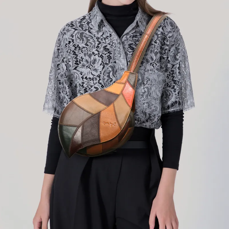 ;COBBLER LEGEND Top Grain Cow Leather Sling Bag Unisex Light Brown/Multicolor/Black-7