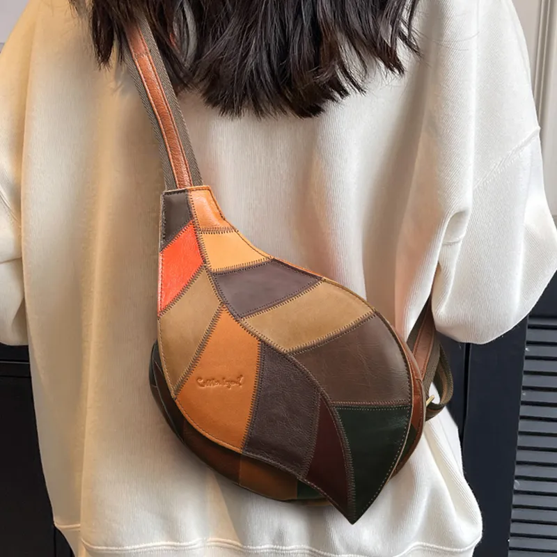 ;COBBLER LEGEND Top Grain Cow Leather Sling Bag Unisex Light Brown/Multicolor/Black-8