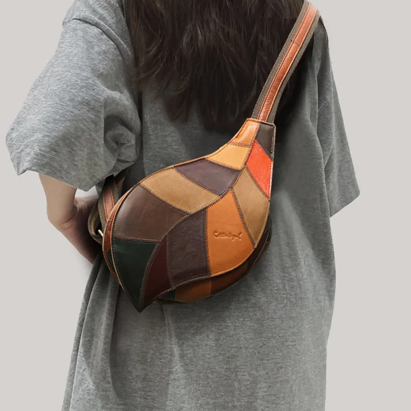 ;COBBLER LEGEND Top Grain Cow Leather Sling Bag Unisex Light Brown/Multicolor/Black-6